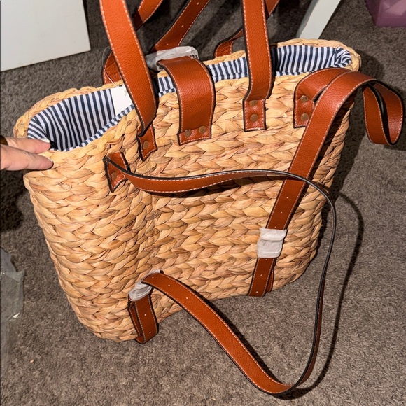 Woven Straw Tote Bag with Brown Accents NWT - Picture 2 of 4